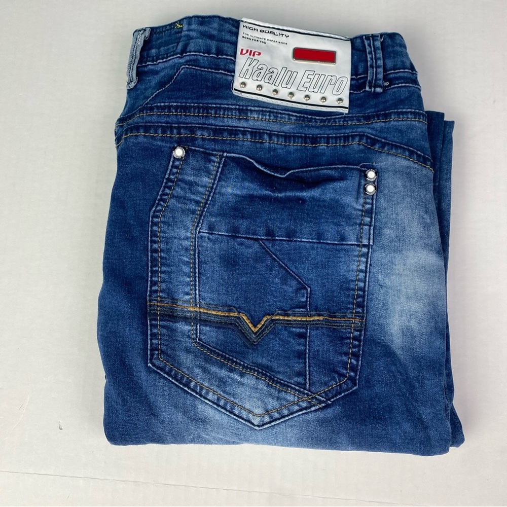 Kaalu Euro Men’s 38x33 Jeans Blue Denum Stretch Acid Washed Fitted Distressed